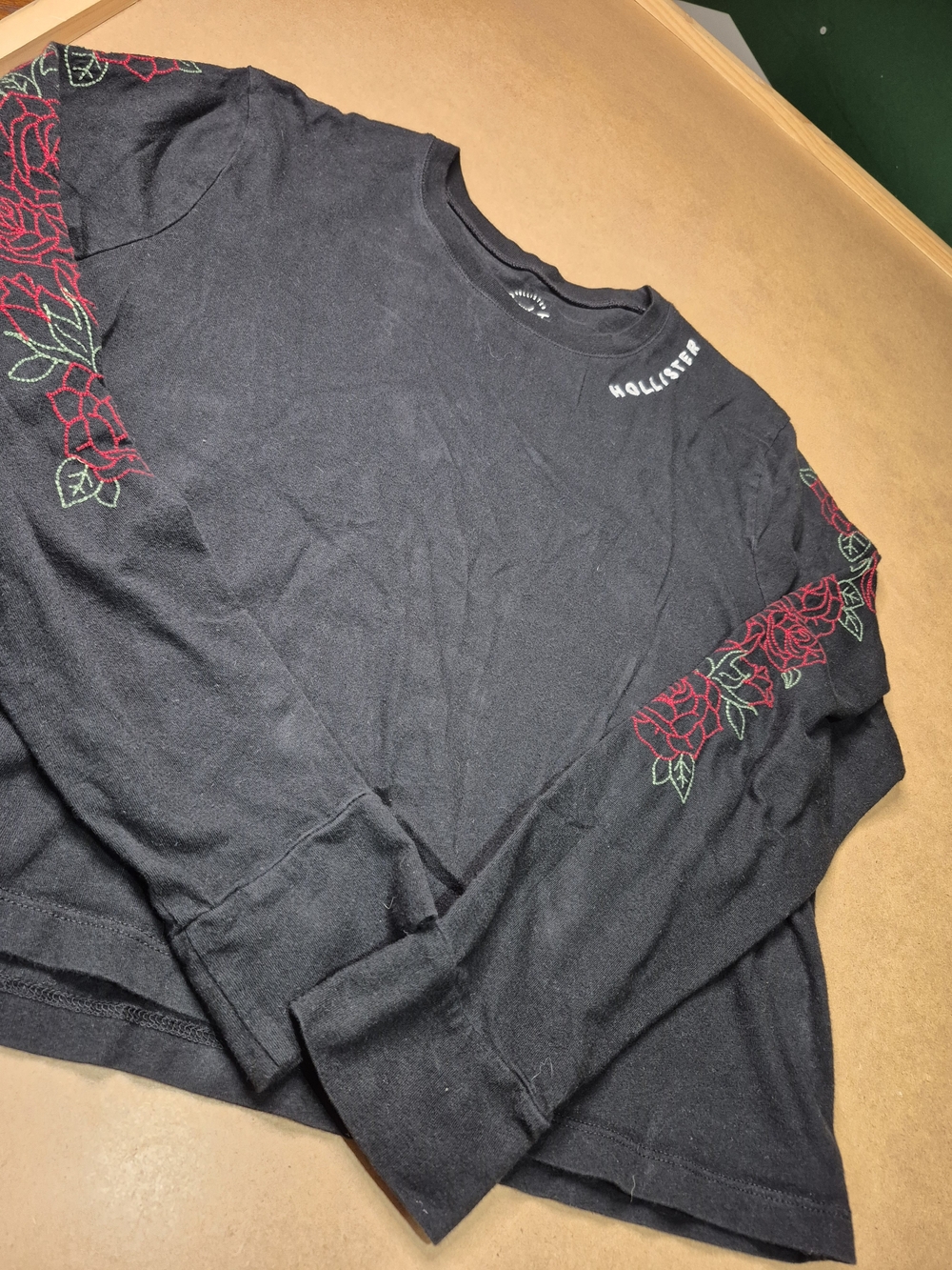 Hollister Black Long Sleeve Tee with Rose Sleeve Embroidery